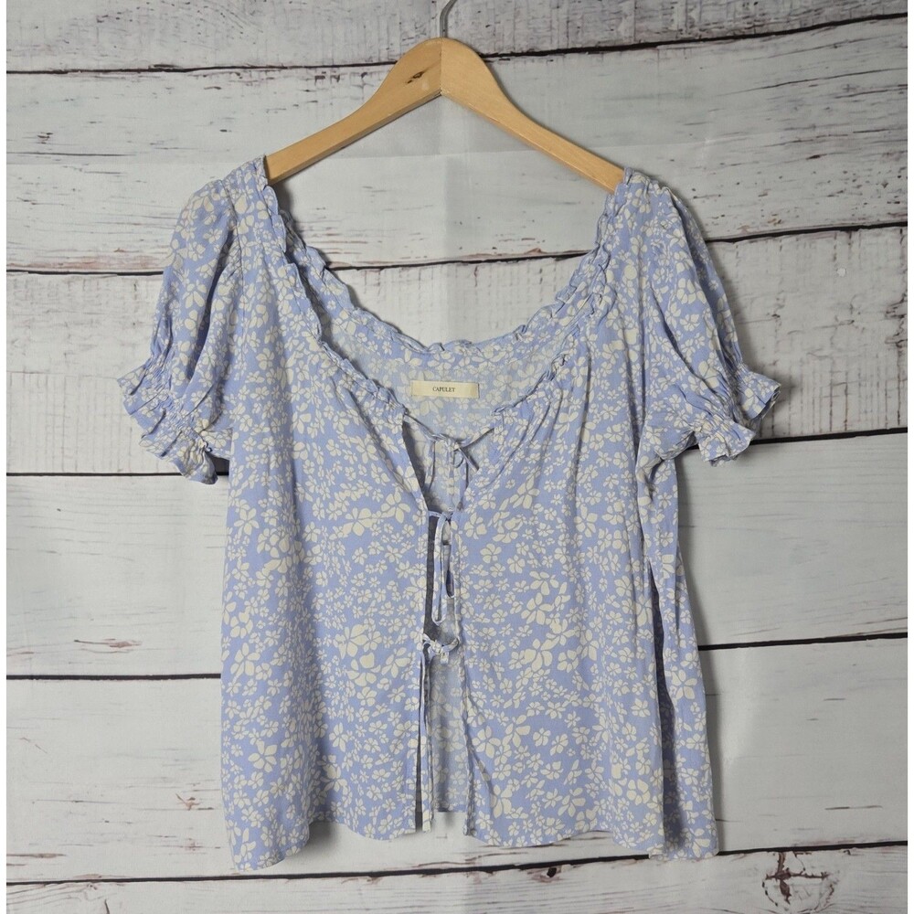 Capulet Womens Top Size Small Blue Floral Print Tie Front Short Puff Sleeve